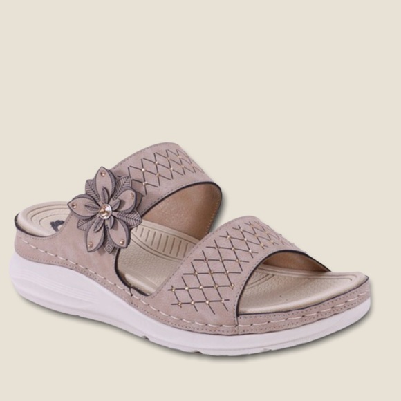 Italina Tan Comfort Flower Rosette Slip-On Wedge Heel Padded Slide Sandal - Picture 3 of 4